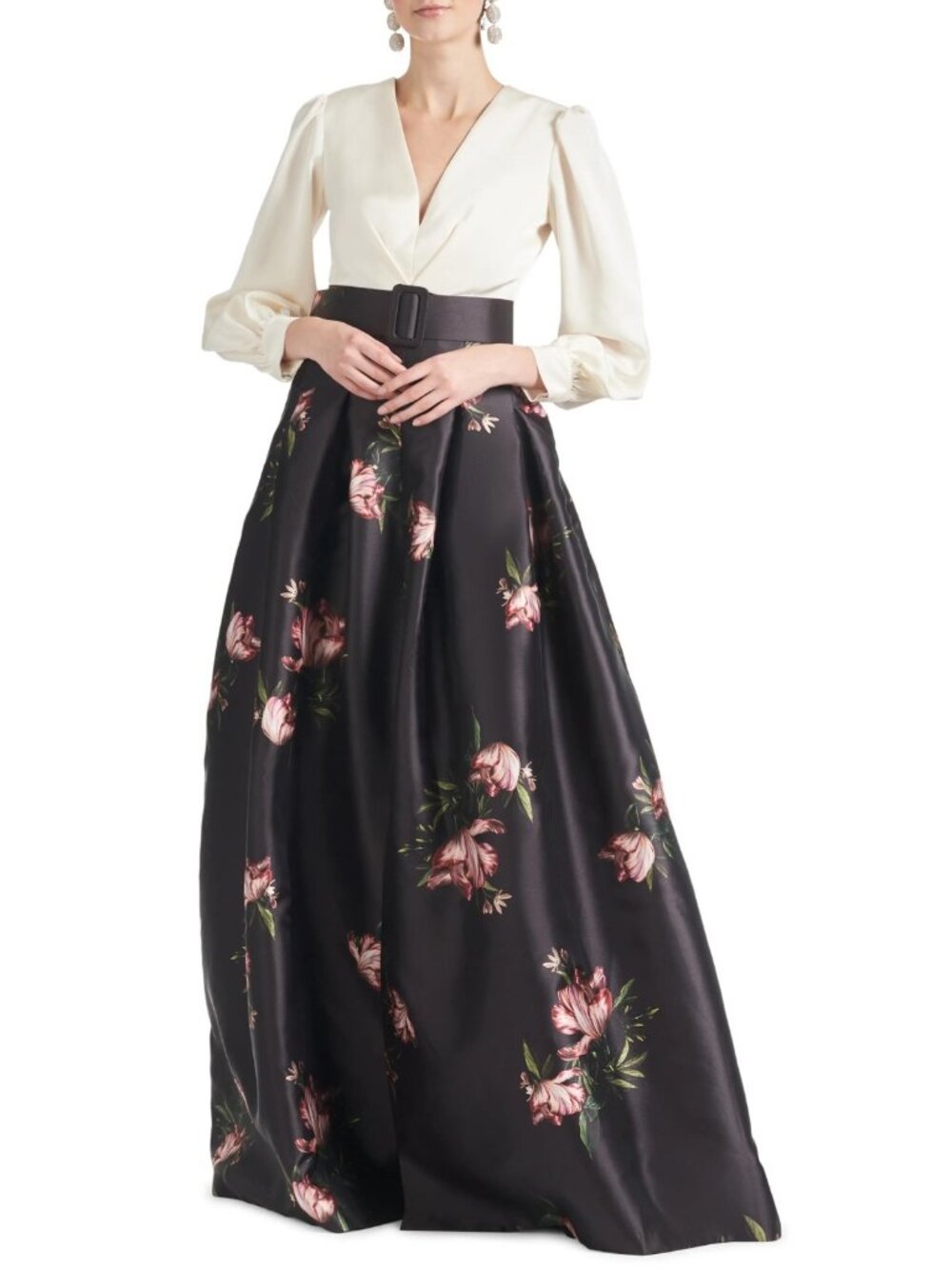 Sachin & Babi Zoe Women's Long Sleeve Gown Evening Maxi Dress Ivory Black Size 6
